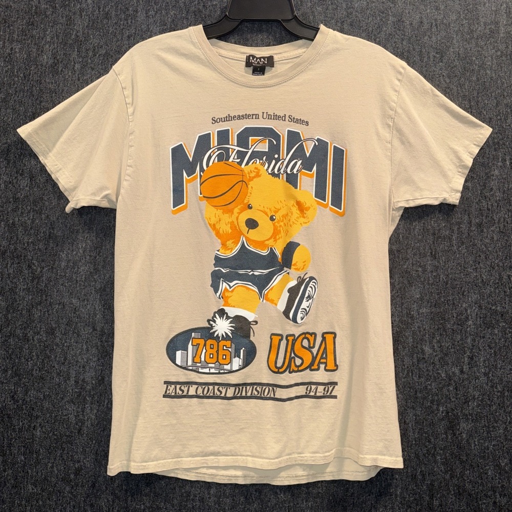 Boohoo Man Men Small Brown Teddy Bear Graphic Shirt Miami Basketball Streetwear